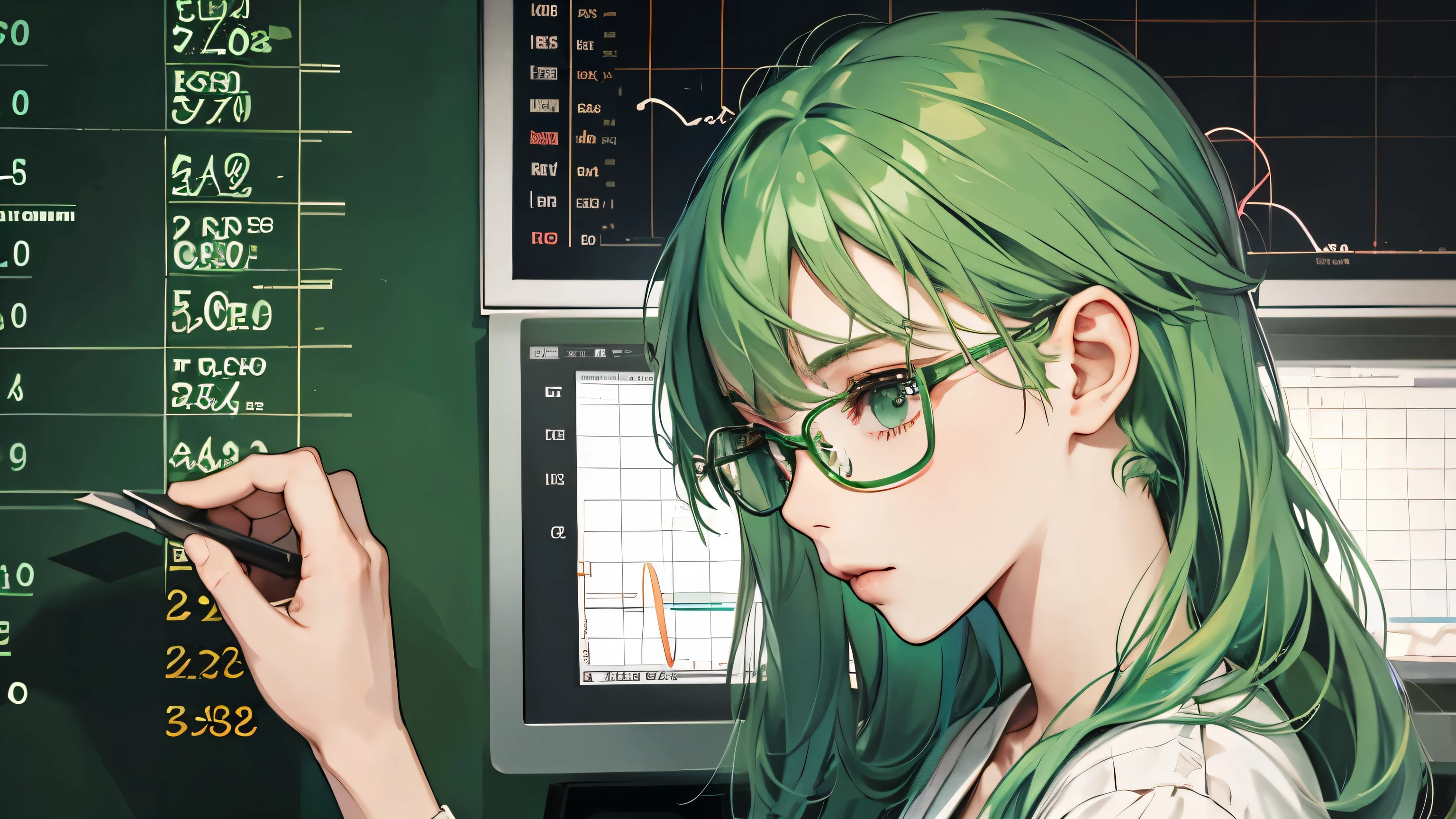 With a graph in the background、A beautiful green-haired woman with glasses doing calculations