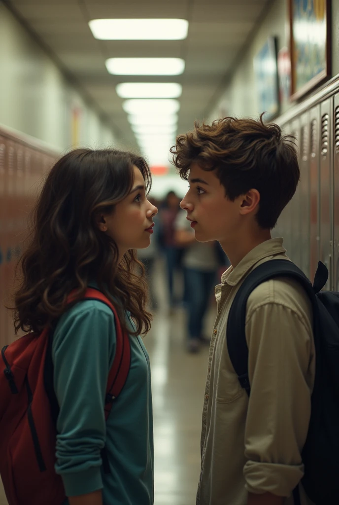 A teenage girl and boy looking at each other in a crowded school hallway
