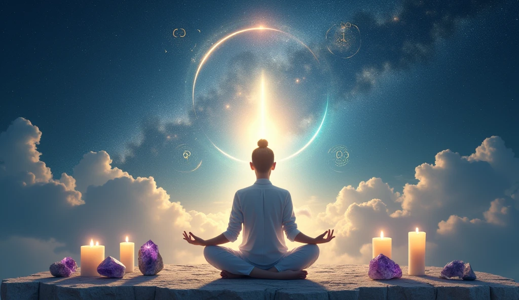 A mystical and serene scene depicting a spiritual journey and connection with the cosmos. In the center of the image, an enlightened being in meditation, surrounded by an aura of soft, glowing light. The background is a starry sky, with a bright crescent moon symbolizing new beginnings. To the left, an ethereal portal opens, revealing a path of light leading to a promising horizon.
The meditating being is surrounded by spiritual elements: amethyst crystals and white candles on a stone table, symbolizing purity and protection. Surrounding it, numerology symbols (such as the numbers 8 and 31) and references to the prophecies of Nostradamus and Edgar Cayce are subtly incorporated into ethereal patterns in the background, with a quote from John 8:32 visible: “And you shall know the truth, and the truth shall make you free.”
The image should convey a sense of peace, hope and renewal, with soft tones of blue and gold reflecting an atmosphere of optimism and introspection. The figures and symbols are enveloped in a radiant light that suggests the presence of universal and spiritual forces guiding the way.