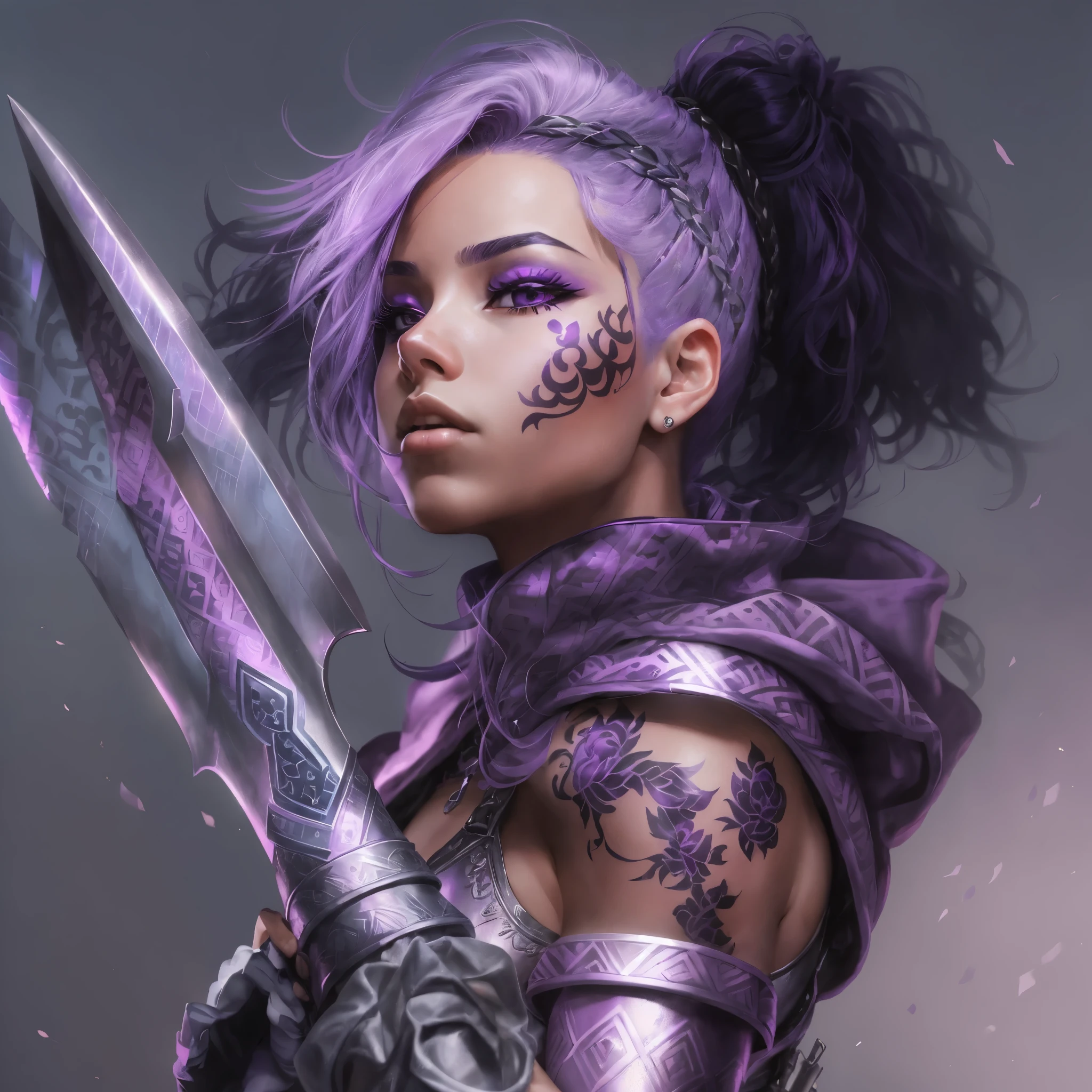 Captured from a low-angle perspective, a female warrior is depicted in a close-up shot. She is dressed in a metallic outfit, adorned with a purple hoodie and silver gloves. Her hair is styled in a short bob, adding a pop of color to her face. Her eyes are a piercing blue, and her lips are a darker pink. Her skin is covered in a pattern of black and white, while her hair is a light purple. She has a tattoo on her chest. Her left hand is raised, and she is holding a purple sword in her right hand. The background is blurred, suggesting a natural setting.