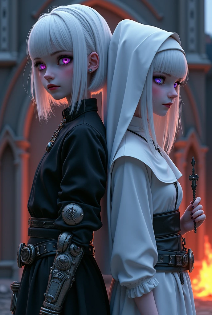 Two albino girls from the Middle Ages standing back to back with violet eyes and white hair, with the one on the left with short hair in dark alchemist clothes and with a steampunk prosthesis with the baphomet symbol on her left hand, and the one on the right in white nun&#39;s clothes holding a rosary,, with a burning church behind, the night.