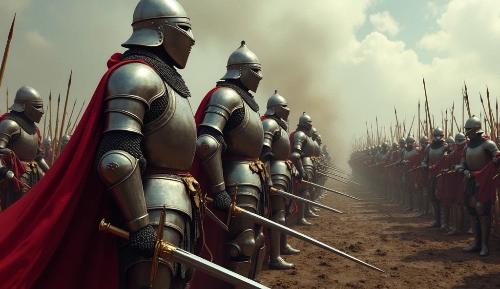 An artistic representation of the Battle of Agincourt, featuring knights in shining armor, longbowmen ready to fire, and a chaotic battlefield. The image captures the drama and scale of the war, with muddy terrain, fallen soldiers, and the intensity of combat. The sky is overcast, adding to the tension of the scene. The style is reminiscent of Edmund Blair Leighton, with detailed and expressive figures, realistic armor, and a sense of historical accuracy blended with artistic flair., Surrealism, Hyperrealism, UHD, retina, masterpiece, accurate, anatomically correct, textured skin, super detail, high quality, 16k