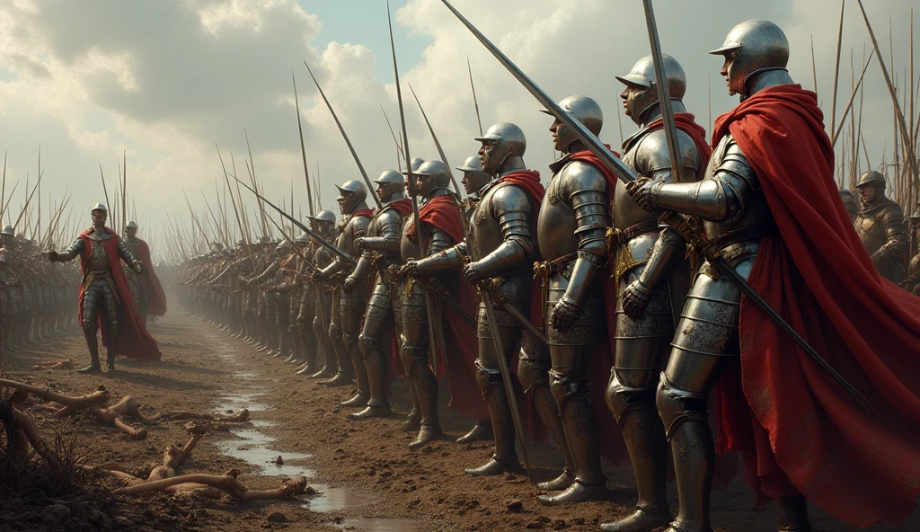 An artistic representation of the Battle of Agincourt, featuring knights in shining armor, longbowmen ready to fire, and a chaotic battlefield. The image captures the drama and scale of the war, with muddy terrain, fallen soldiers, and the intensity of combat. The sky is overcast, adding to the tension of the scene. The style is reminiscent of Edmund Blair Leighton, with detailed and expressive figures, realistic armor, and a sense of historical accuracy blended with artistic flair., Surrealism, Hyperrealism, UHD, retina, masterpiece, accurate, anatomically correct, textured skin, super detail, high quality, 16k