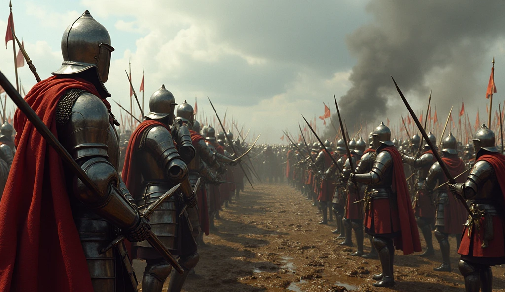 An artistic representation of the Battle of Agincourt, featuring knights in shining armor, longbowmen ready to fire, and a chaotic battlefield. The image captures the drama and scale of the war, with muddy terrain, fallen soldiers, and the intensity of combat. The sky is overcast, adding to the tension of the scene. The style is reminiscent of Edmund Blair Leighton, with detailed and expressive figures, realistic armor, and a sense of historical accuracy blended with artistic flair., Surrealism, Hyperrealism, UHD, retina, masterpiece, accurate, anatomically correct, textured skin, super detail, high quality, 16k