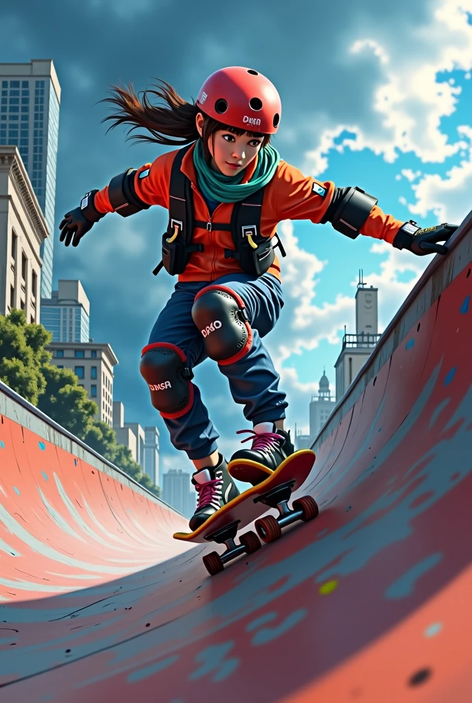 a japanese girl skateboarder performing a trick on a half-pipe ramp. The skateboarder is mid-motion, with one hand touching the ramp for balance and the other arm extended. Safety gear, including a helmet and knee pads, is visible. The background features an urban landscape with buildings and thunderstorms on the sky.