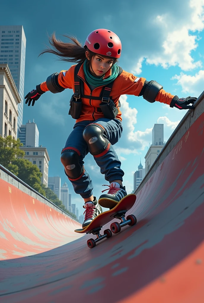 a japanese girl skateboarder performing a trick on a half-pipe ramp. The skateboarder is mid-motion, with one hand touching the ramp for balance and the other arm extended. Safety gear, including a helmet and knee pads, is visible. The background features an urban landscape with buildings and thunderstorms on the sky.