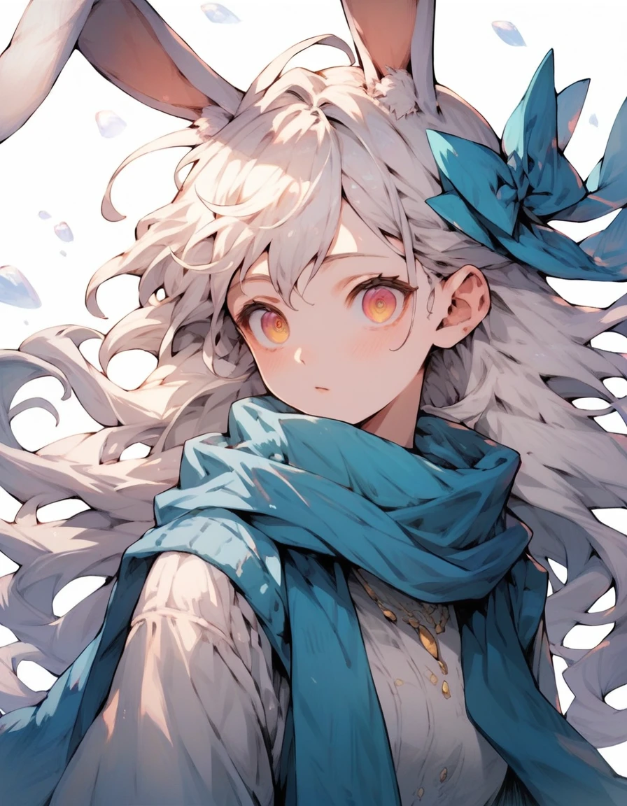 (masterpiece, best quality, expressive eyes, perfect face), 1girl, white_rabbit_ears, rabbit_girl, white_long_hair, yellow_left_eye, blue_right_eye, scarf, white_shirt, pink_pants,