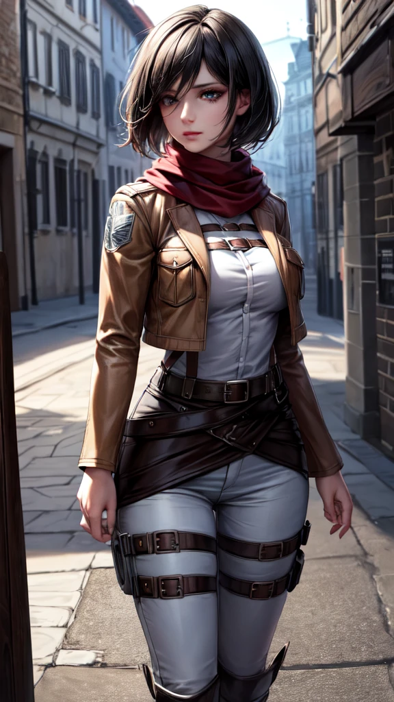 1girl, solo, detailed skin, ultra realistic, 8k cg, picture-perfect face, flawless, clean, masterpiece, professional artwork, famous artwork, cinematic lighting, cinematic bloom, ((beautiful eyes)), intricate iris, (perfect hands:1.3), (extremely detailed background), ((dynamic background)), beautiful detailed girl, beautiful detailed nose, light on face, looking at viewer,hmmikasa, short hair, black eyes, scarf, emblem, belt, thigh strap, red scarf, white pants, (brown jacket, long sleeves), European houses,
