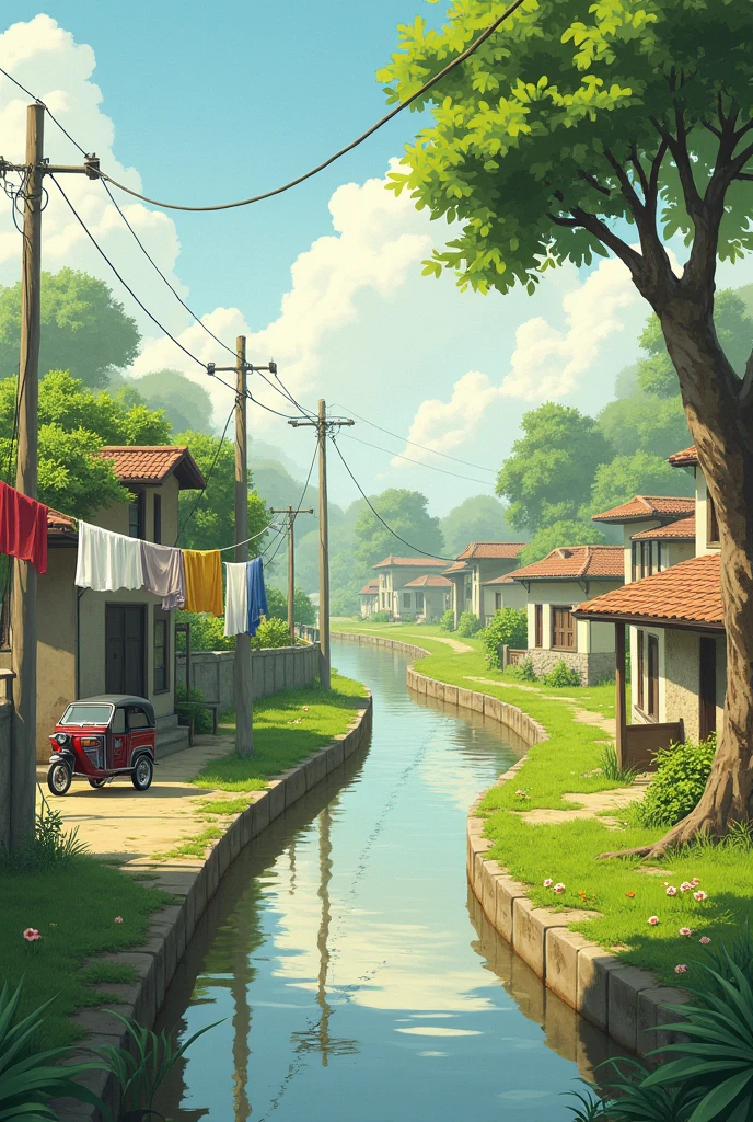 I want a landscape pespective of a canal bank design which drying clouthesparking three wheeler and agricuture in a suburban area