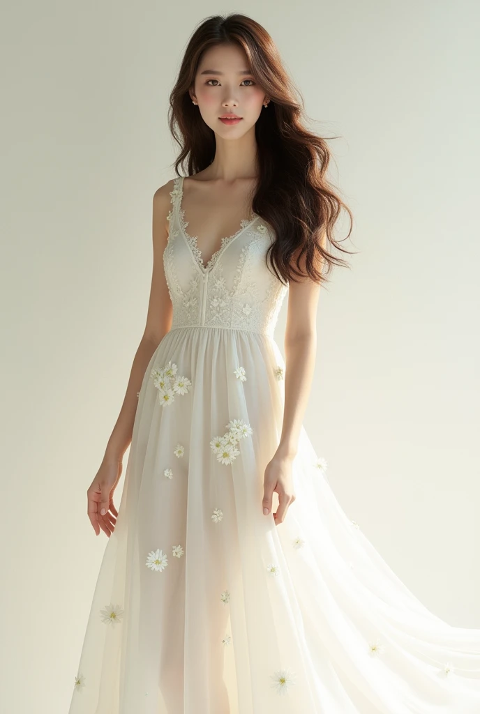 Brown-haired Korean girl styling a white Dior daisy dress