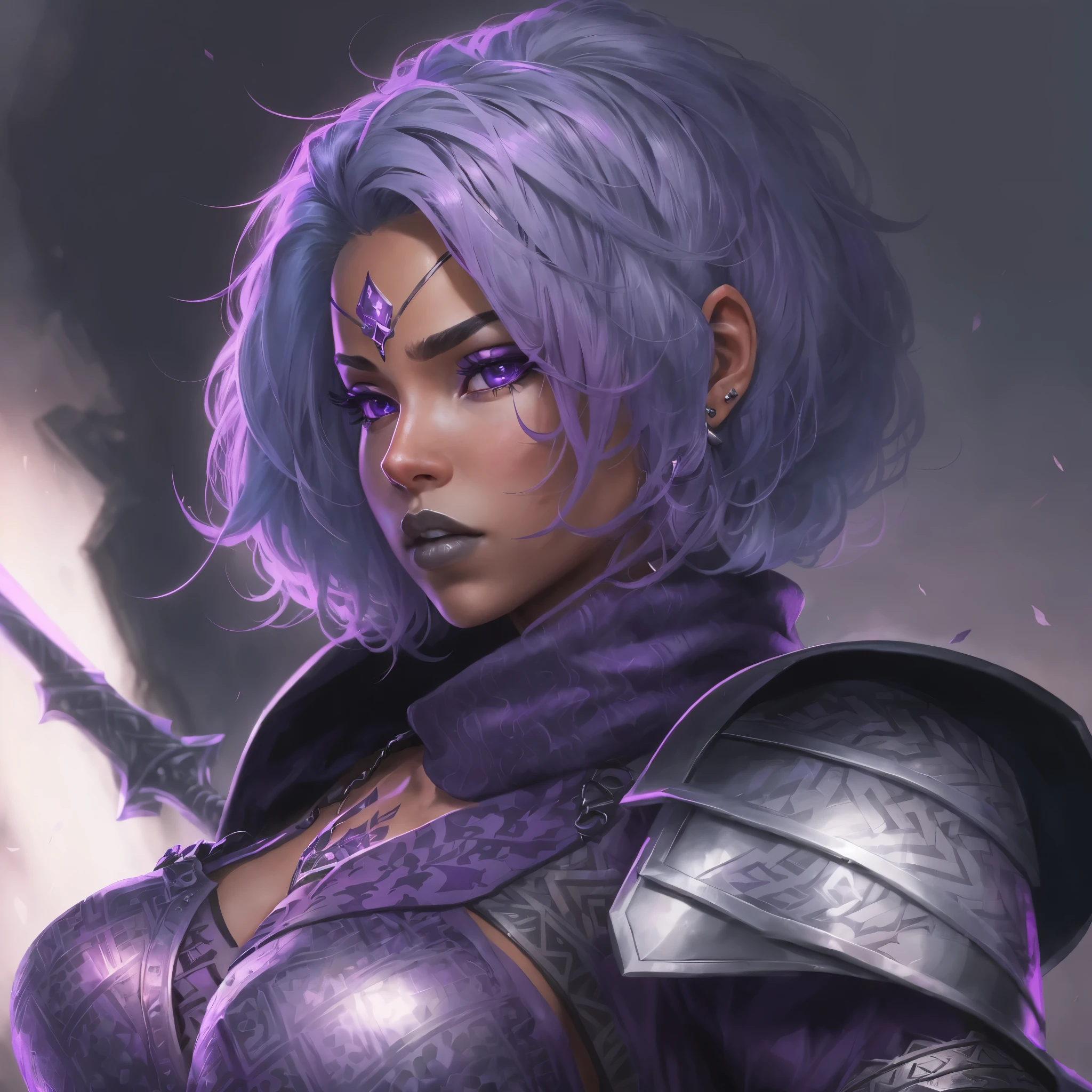 Captured from a low-angle perspective, a female warrior is depicted in a close-up shot. She is dressed in a metallic outfit, adorned with a purple hoodie and silver gloves. Her hair is styled in a short bob, adding a pop of color to her face. Her eyes are a piercing blue, and her lips are a darker pink. Her skin is covered in a pattern of black and white, while her hair is a light purple. She has a tattoo on her chest. Her left hand is raised, and she is holding a purple sword in her right hand. The background is blurred, suggesting a natural setting.