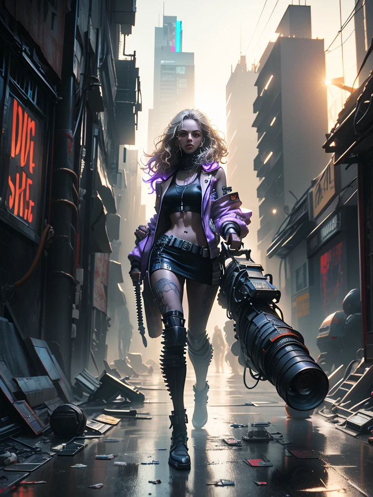 plano general, Whole body, sharpness,((Best Quality)), ((masterpiece)), (hyper detailed:1.3),8k, 3D,High Definition, beautiful (cyberpunk:1.3) Woman with wavy and voluminous hair in modern style.,((with weapons in hands)),vivid colors, violet, orange yellow, Brown, cian, violet, (( (futuristic mad max movie style backdrop)))
