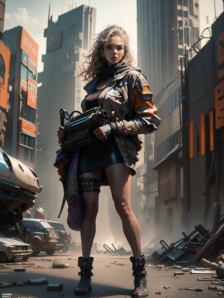 plano general, Whole body, sharpness,((Best Quality)), ((masterpiece)), (hyper detailed:1.3),8k, 3D,High Definition, beautiful (cyberpunk:1.3) Woman with wavy and voluminous hair in modern style.,((with weapons in hands)),vivid colors, violet, orange yellow, Brown, cian, violet, (( (futuristic mad max movie style backdrop)))