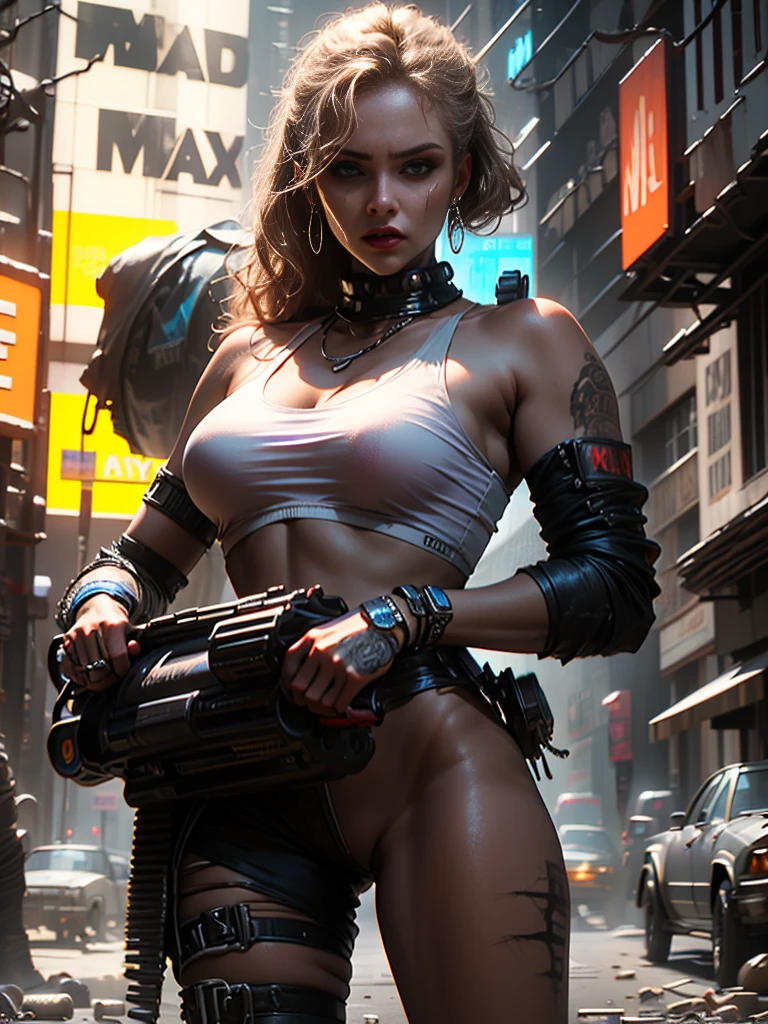 plano general, Whole body, sharpness,((Best Quality)), ((masterpiece)), (hyper detailed:1.3),8k, 3D,High Definition, beautiful (cyberpunk:1.3) Woman with wavy and voluminous hair in modern style.,((with weapons in hands)),vivid colors, violet, orange yellow, Brown, cian, violet, (( (futuristic mad max movie style backdrop)))