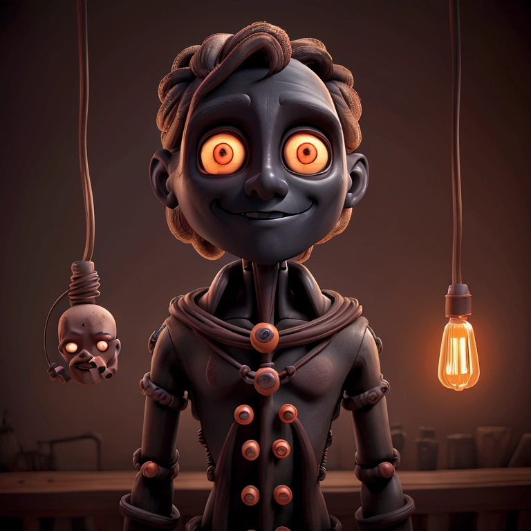 a humanoid marionette man, detailed anatomical features, life-like expression, intricate wooden and metal body structure, complex network of cables and pulleys, glowing amber eyes, haunting presence, dark and moody atmosphere, dramatic lighting, gothic horror style, deep rich color palette, cinematic composition, photorealistic, 8k, best quality