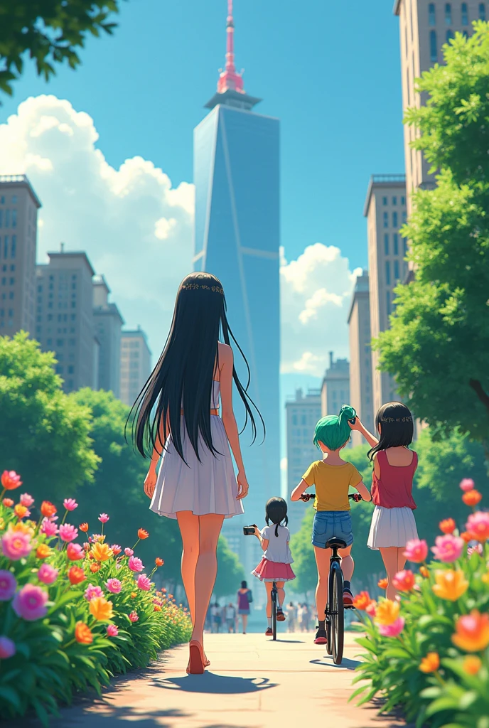 Ai animated Beautiful female character who is walking his handat the side of road with in front of camer photos and take one photo in front camera wearing summer season clothes and black silkin colour hair shining with long hair at the top of city building she sited at the last corner building talking with her friend with laughing and smile to sitting with her friends in the long green garden to sit on the bench to sit down with her friends and the second one friends hair colour is green and yellow. And bring only two colour flower a in who is in front of camera and eye ball colour is change "driving a bike"