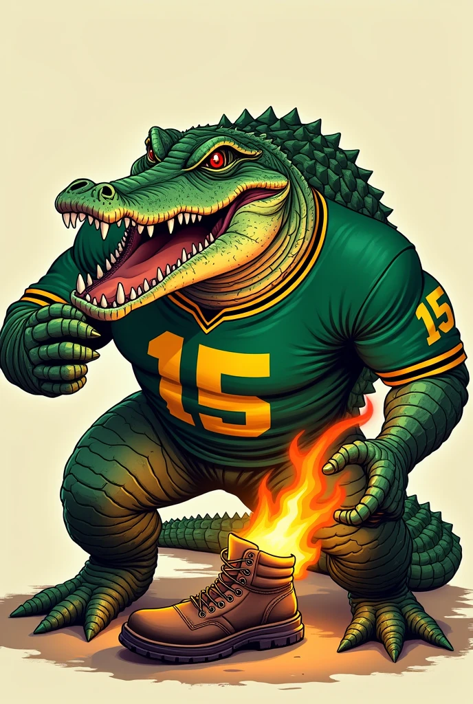 Muscle alligator chewing on boot. The alligator must be wearing a green shirt with yellow details and the number 15 written on the shirt.. The boot must be on fire