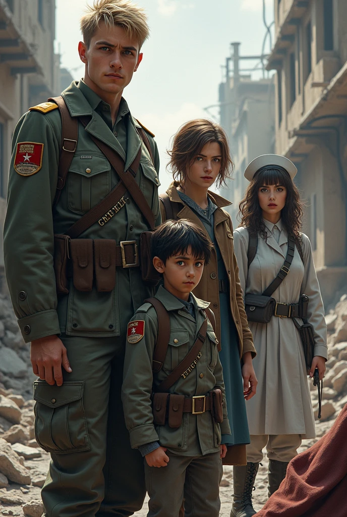 create the image of a blond-haired, blue-eyed military man, a woman with dirty and torn clothes and long dark hair. a young military boy with black hair and blue eyes, a forty year old nurse with brown hair