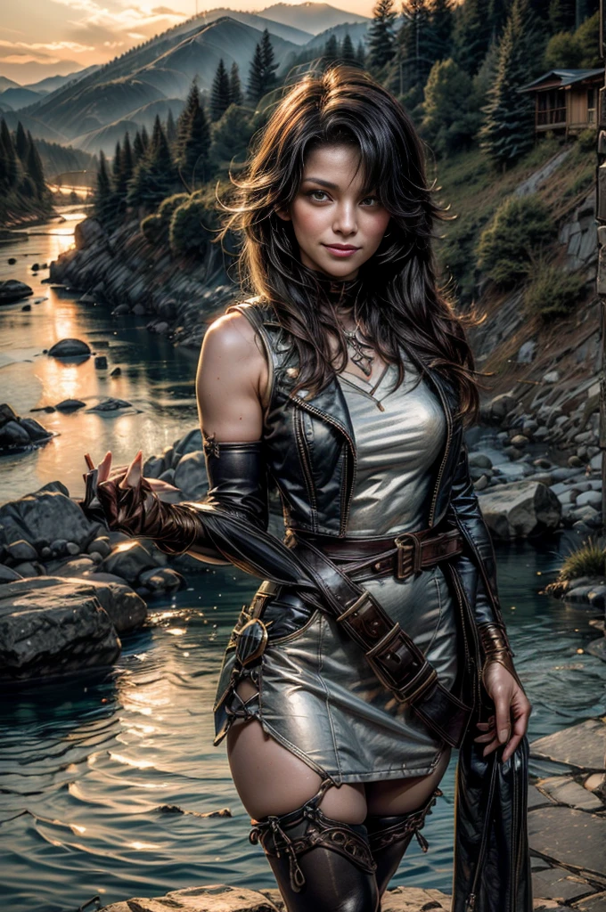(masterpiece, best quality:1.2), cowboy shot, solo, 1girl, cinder fall, evil smile, looking at viewer, long hair, white dress, sleeveless jacket, elbow gloves, pantyhose, outdoors, standing near mansion, wedding reception, on mountainside, overlooking village in valley, river, flame in hand, large crowd in military uniforms, tables (volumetric lighting), sharp focus, hyper detailed