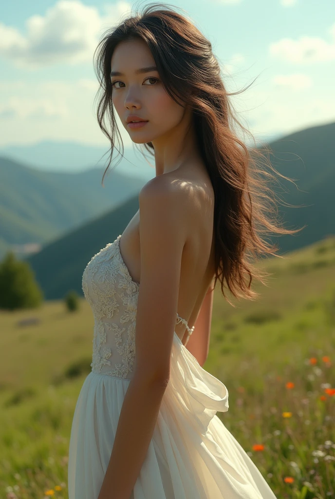 a beautiful young woman with striking features, long flowing hair, wearing an elegant dress, set against a serene natural landscape, masterfully rendered in photorealistic 4k detail