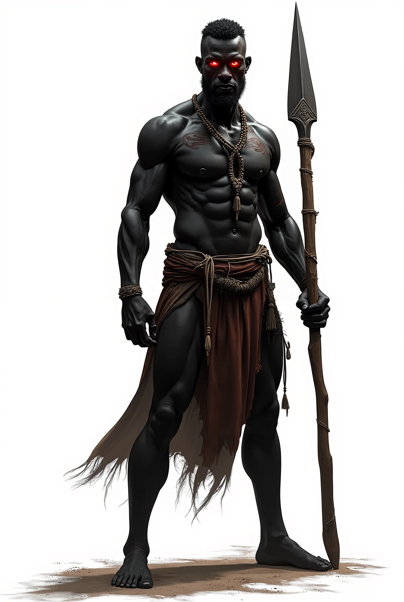 african tribal man, black skin, glow red eyes, spear, full body, white background