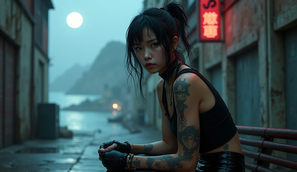 Female Asian, serious face, messy hair tied with neon tips, amber eyes, cybernetics in eyes, scar on left eye, left arm with few Black carbon cybernetics, neon leather outfit, tattoo with family symbol on forearm, lage alley background, moon reflection on Water, Pose sitting on a bench lage coast, Focus on face