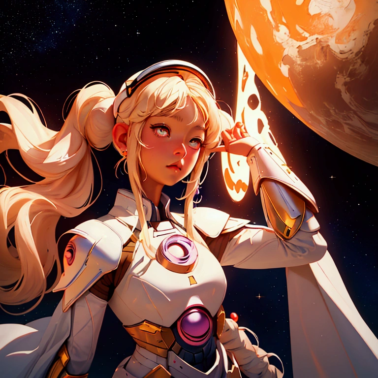 envision a 8k, highres, cinematic, close up beautiful portrait of an Big tall girl named Sana Tsukumo with long blonde hair in pigtails, tan skin, hair ornaments, orange eyes, wearing a white dress and superhero cosmic armor and a Galactus helmet against a space background with stars