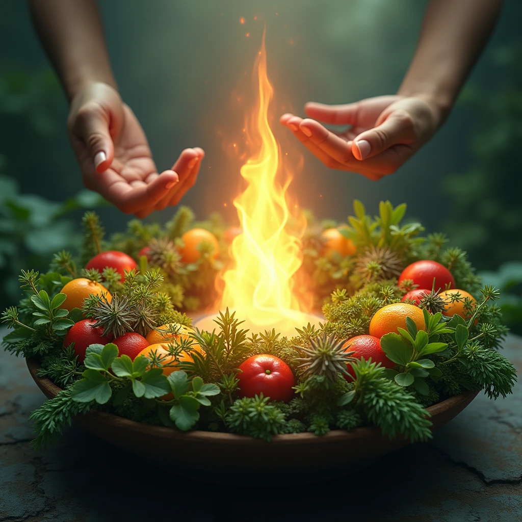 An ultra realistic bunch of herbs arranged in a circle, creating a symbol of continuity and protection. In the center of the circle flames of light that go out in all directions, in the background, the hand of a healer offering blessings, convey depth