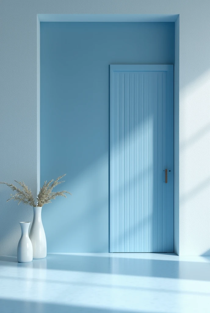 Light blue wall with navy blue slatted panel
