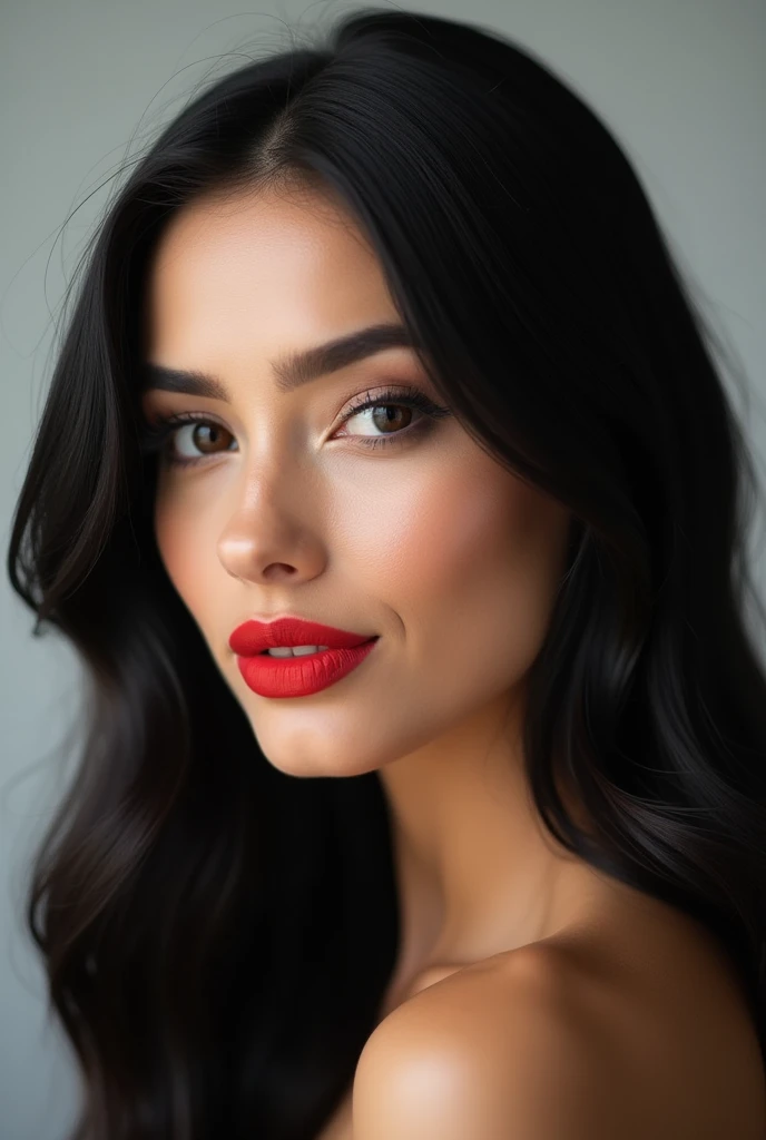 arafed woman with long hair and red lipstick posing for a picture, ekaterina, profile image, red lips, professional picture, 30 years old woman, 3 0 years old woman, angiewolf, photo of džesika devic, professional profile picture, moleksandra shchaslyva, with straight black hair
