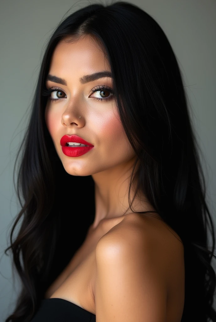 arafed woman with long hair and red lipstick posing for a picture, ekaterina, profile image, red lips, professional picture, 30 years old woman, 3 0 years old woman, angiewolf, photo of džesika devic, professional profile picture, moleksandra shchaslyva, with straight black hair