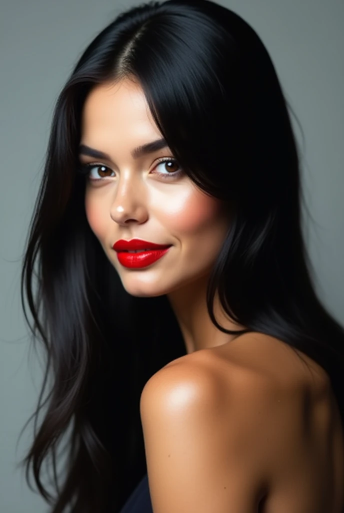 arafed woman with long hair and red lipstick posing for a picture, ekaterina, profile image, red lips, professional picture, 30 years old woman, 3 0 years old woman, angiewolf, photo of džesika devic, professional profile picture, moleksandra shchaslyva, with straight black hair