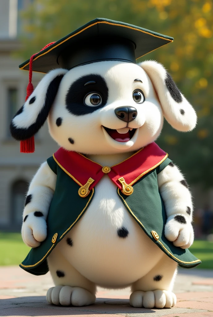 You can make a mascot for a university inspired by a chubby white dog with black spots, the two black ears and a spot on one of his eyes. Let the colors of the suit be mostly white,Red and green, with golden touches, and a graduation cap