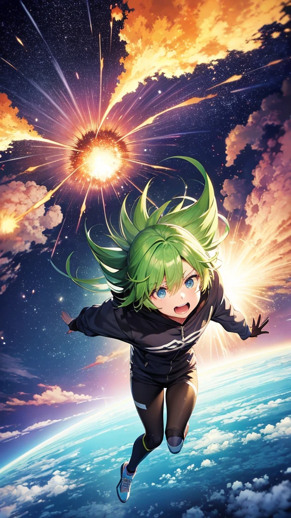 Draw in anime style a scientist being thrown into the distance by a distant explosion in an incredible scene. Have him wear goggles and make it look like he's having fun with the situation with a big smile.