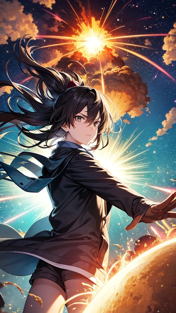 Draw in anime style a scientist being thrown into the distance by a distant explosion in an incredible scene. Have him wear goggles and make it look like he's having fun with the situation with a big smile.