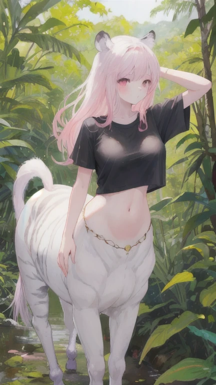 (best quality, masterpiece), 1 girl, centaur, I beg, White skin, Japanese schoolgirl,daughter,black pink, exposing the abdomen, belly button t-shirt , Beautiful girl perfect white tiger photo, Perfect jungle photo