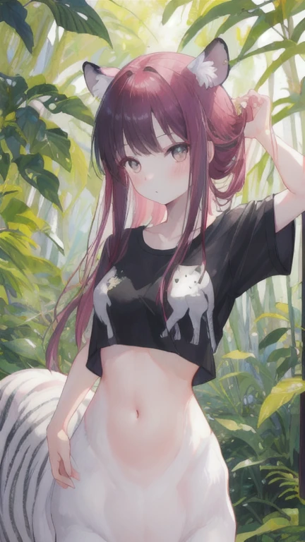 (best quality, masterpiece), 1 girl, centaur, It takes, White skin, Korean ,daughter,black pink,Smiling, exposing the abdomen, belly button t-shirt , 아름다운 소녀 Perfect wild white tiger photo, Perfect wild white tiger photo