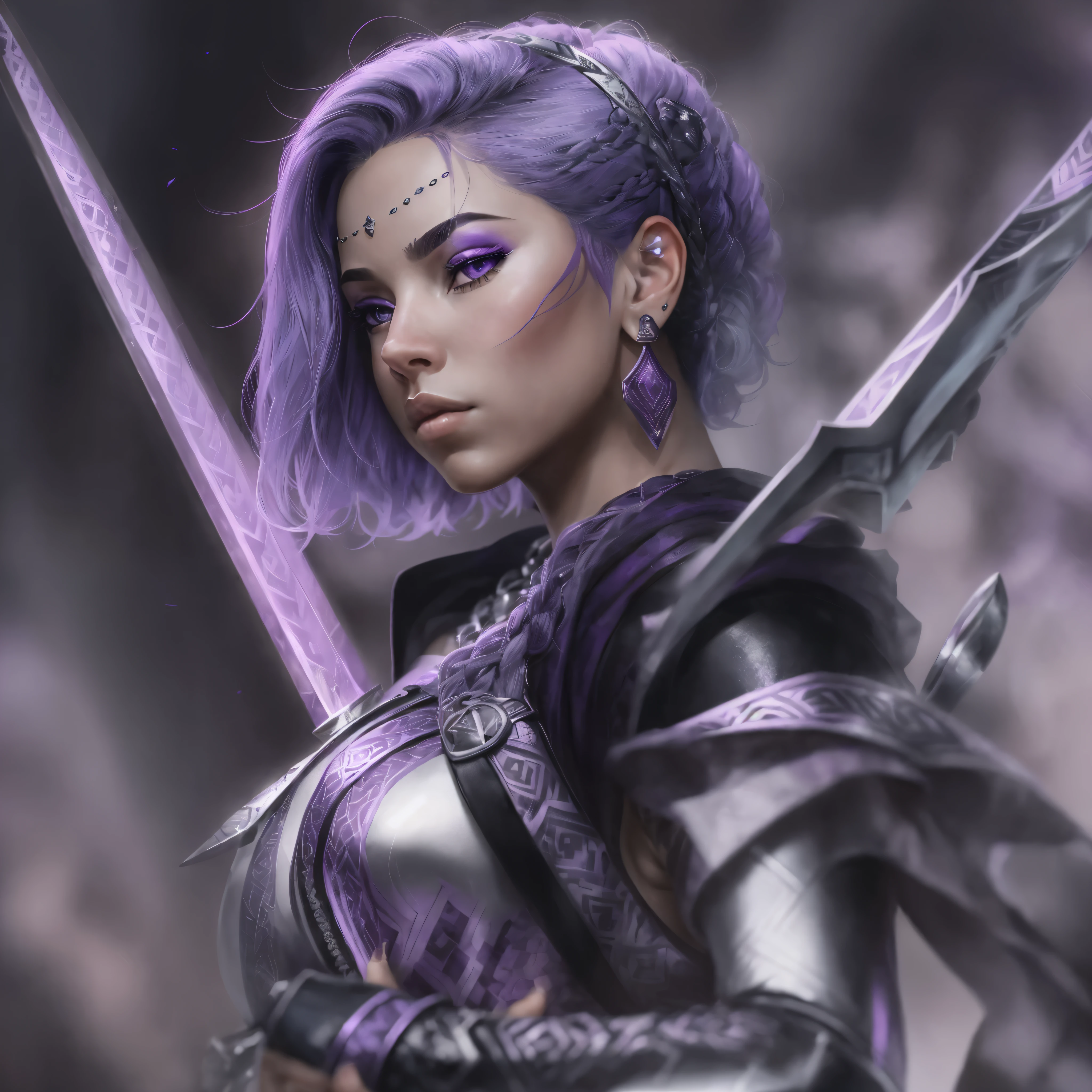 Captured from a low-angle perspective, a female warrior is depicted in a close-up shot. She is dressed in a metallic outfit, adorned with a purple hoodie and silver gloves. Her hair is styled in a short bob, adding a pop of color to her face. Her eyes are a piercing blue, and her lips are a darker pink. Her skin is covered in a pattern of black and white, while her hair is a light purple. She has a tattoo on her chest. Her left hand is raised, and she is holding a purple sword in her right hand. The background is blurred, suggesting a natural setting.