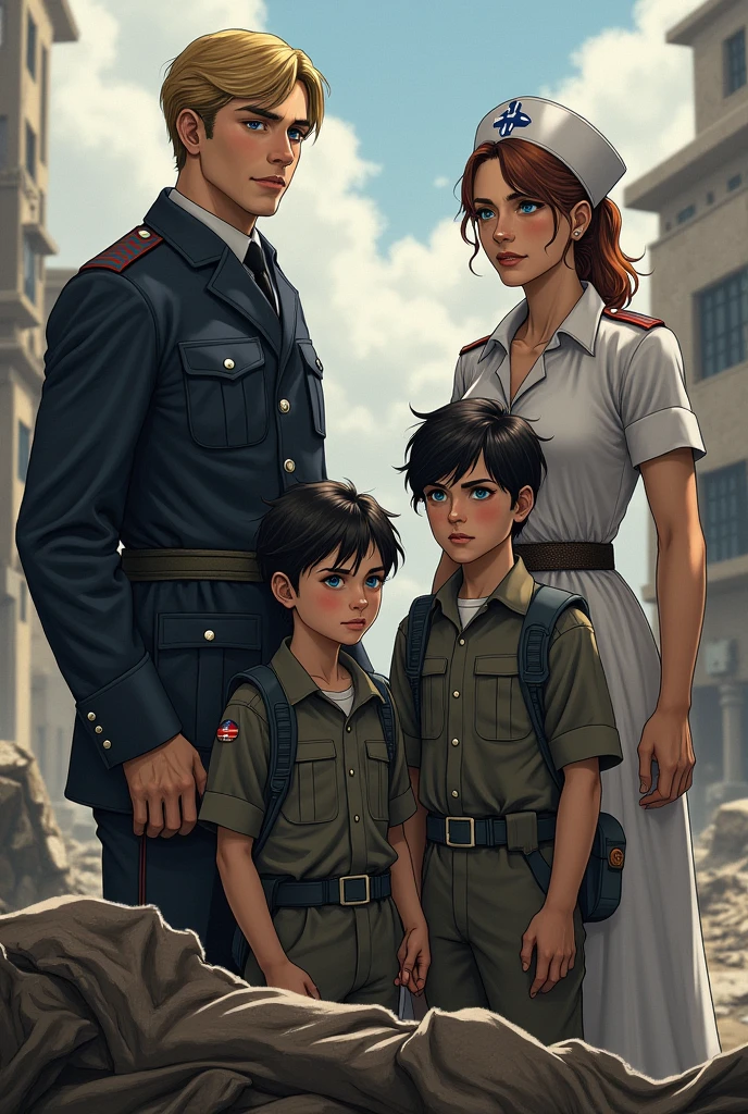 create the image of a blond-haired, blue-eyed military man, a woman with dirty and torn clothes and long dark hair. a young military boy with black hair and blue eyes, a forty year old nurse with brown hair 