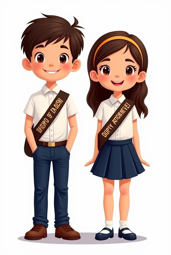 A boy student wearing navy blue pants and a white button-down shirt with a crossed sash that says Attorney for a Day in Spanish, and a girl in a navy blue skirt and white button-down shirt with a crossed band that says Deputy Attorney I, happy in cartoon style drawing form with white background, separated to stick on wall facing front