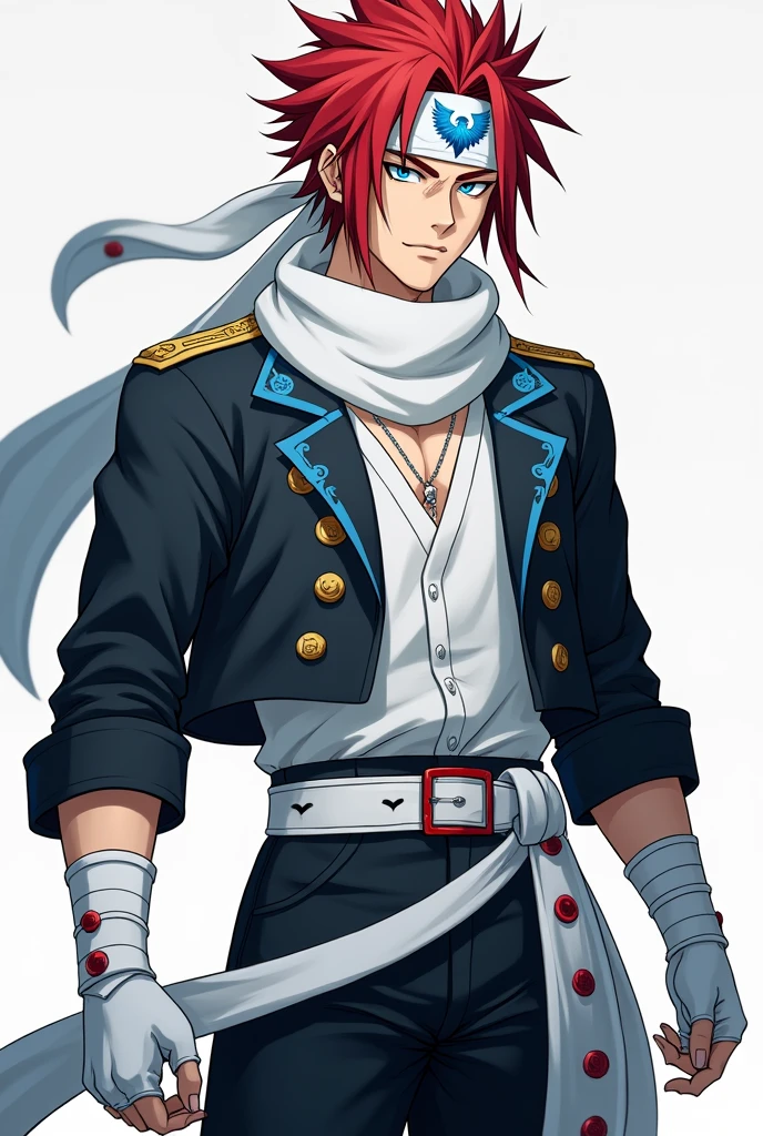 apenas 1 homem, very handsome man, red hair with hairstyle similar to the character Sasuke, but wearing a white bandana, with the symbol of a blue phoenix, very blue eyes, like heaven, very clear, Asian, wears a short black jacket with cyan blue details, with a long white scarf tied around her neck, that crawls to the ground, black pants and white military boots, with red details.