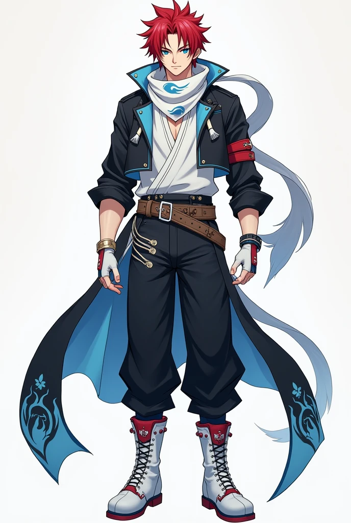 apenas 1 homem, very handsome man, red hair with hairstyle similar to the character Sasuke, but wearing a white bandana, with the symbol of a blue phoenix, very blue eyes, like heaven, very clear, Asian, wears a slightly short black jacket with cyan blue details, white blouse, with a long white scarf tied around her neck, that crawls to the ground, black pants and white military boots, with red details, besides white fingerless gloves, and a belt under the shirt, photo by full body