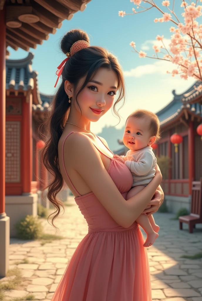 {{tmasterpiece, Best quality, extremely detremely detailed CG, Unity8k wallpaper, 电影灯光}}, Tradition Chinese Ink Painting, 1 busty girl, 1 , young woman holding babyll body lesbian, ancient buildings, blue-sky, Sunnyday, wooden building, Prominent protagonist, ssmile, largeeyes, beautidful eyes, (Large breasts, LOP), round ass, looking at viewert, Long eyelashes,