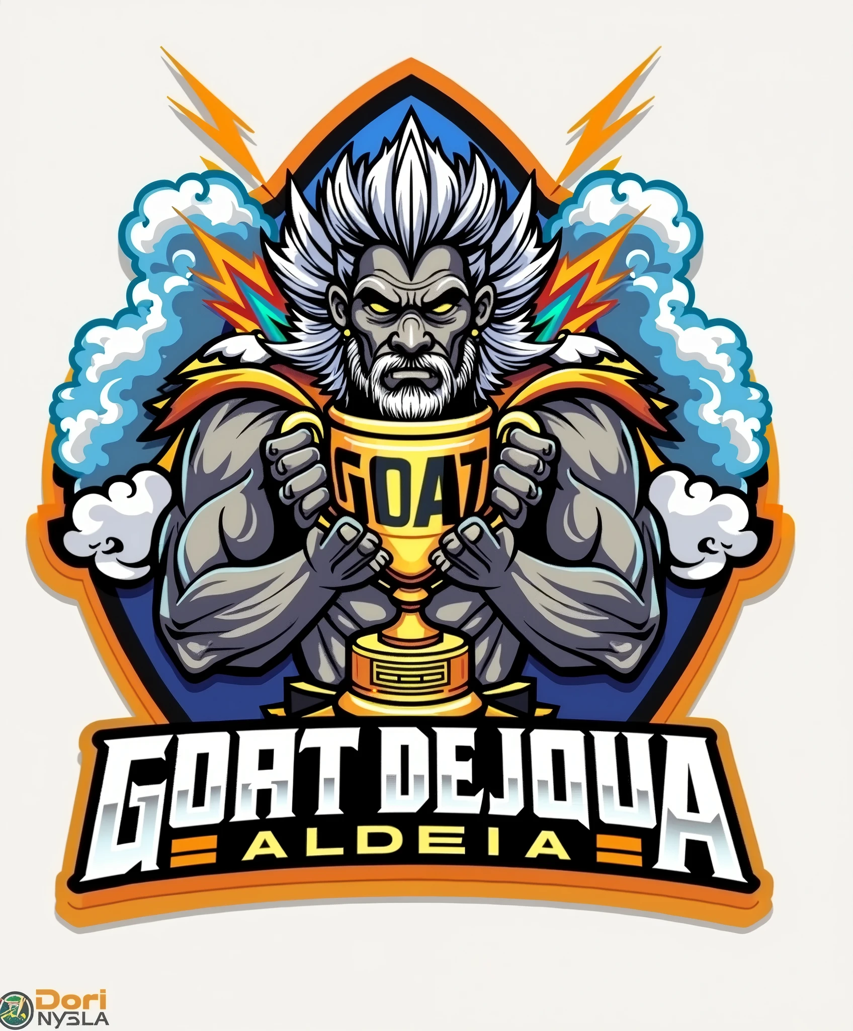 Create a sports logo with the name ALDEIA featuring a mascot of the thunder god Tupã holding a trophy that says goat inside. 