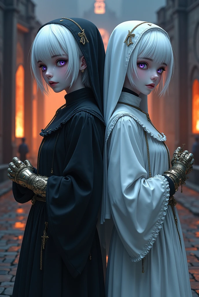 Two albino girls from the Middle Ages standing back to back with violet eyes and white hair, with the one on the left with short hair in dark alchemist clothes and with a steampunk prosthesis with the baphomet symbol on her left hand, and the one on the right in white nun's clothes holding a rosary,, with a burning church behind, the night.