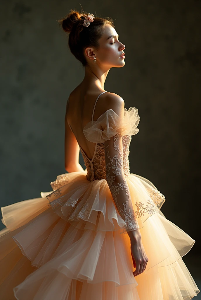 Fashion model photography, ballet dress, strong sense of design, medium shot, South African girl, short hair, hair accessories, delicate skin, smile, simple background, high texture, glare backlight, professional studio lighting