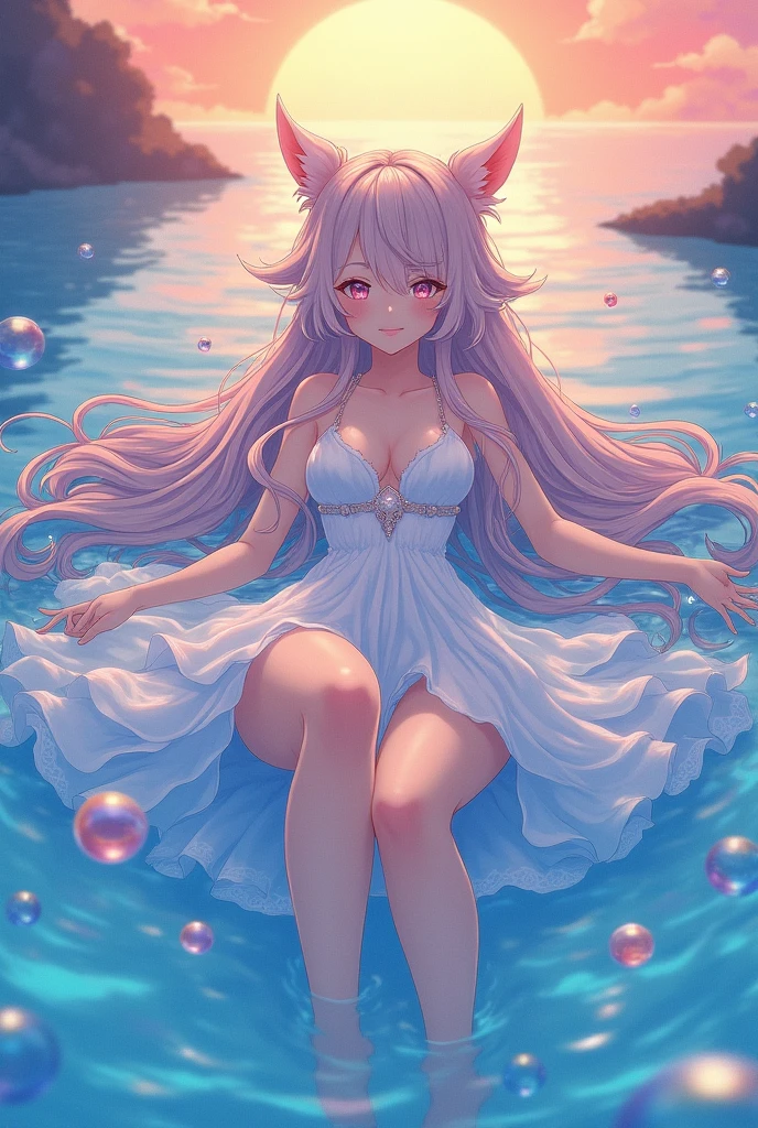 masterpiece, best quality, 8k resolution, sharp focus, intricate detail, beautiful girl, sparkling eyes, watercolor, sunset colors, bright colors, whimsical, colorful, sharp focus, high resolution, fine detail, liquid ballgown, , iridescent bubbles, (Kokomi From Genshin Impact), She Lie Down in The Water