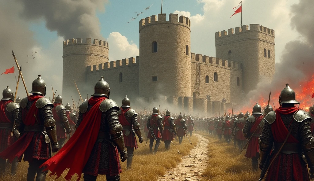 A medieval siege scene featuring a castle under attack, with catapults hurling projectiles, archers firing arrows from both sides, and fortified walls being defended by soldiers. The image conveys the intensity and strategic elements of the siege, with ladders against the walls, smoke rising, and the determination of the defenders. The style is inspired by Edmund Blair Leighton, with meticulous attention to detail, realistic armor, and a dramatic, historical atmosphere., Surrealism, Hyperrealism, UHD, retina, masterpiece, accurate, anatomically correct, textured skin, super detail, high quality, 16k