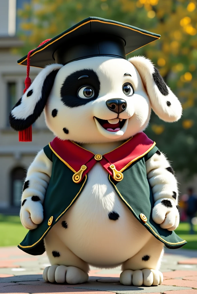 You can make a mascot for a university inspired by a chubby white dog with black spots, the two black ears and a spot on one of his eyes. Let the colors of the suit be mostly white,Red and green, with golden touches, and a graduation cap