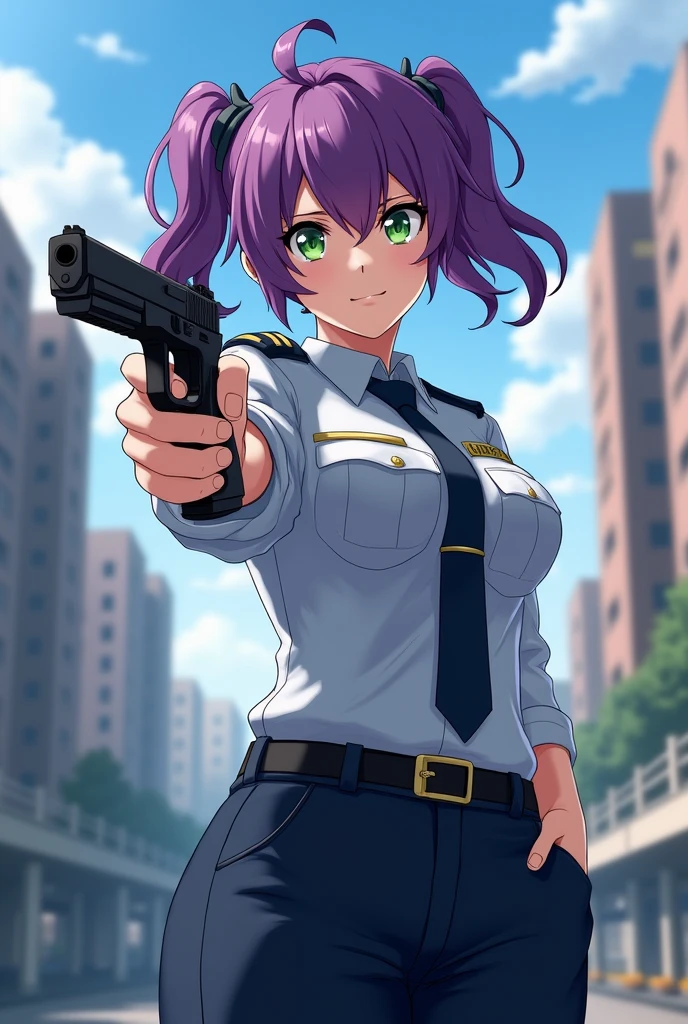 ((masterpiece)), ((best quality)), ((highres)), 1girl, solo, police officer, (matching pants, slacks), city backdrop, (holding and aiming pistol, detailed pistol, glock 22, trigger discipline), standing, medium hair, (purple hair, twintails), (green eyes),